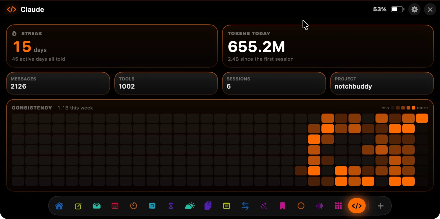 The Claude panel showing a 15-day streak, 655.2M tokens today and an orange consistency heatmap
