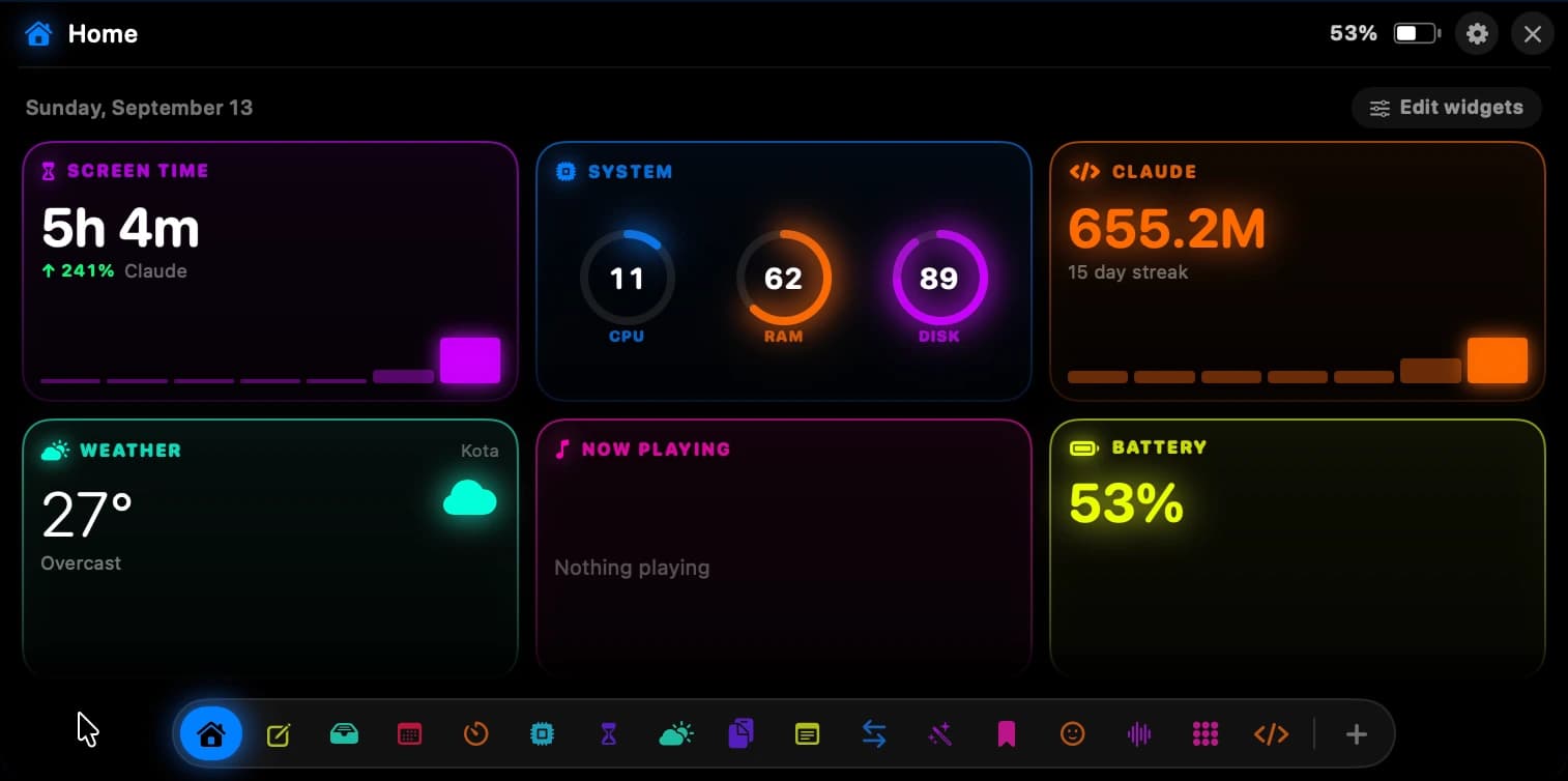 The Home panel showing now playing, the next calendar event, system rings and quick launchers