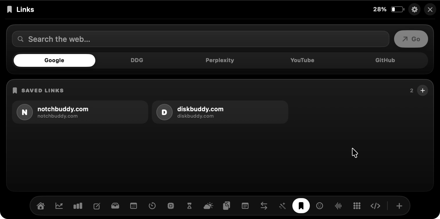 The Links panel with a web search bar and saved links